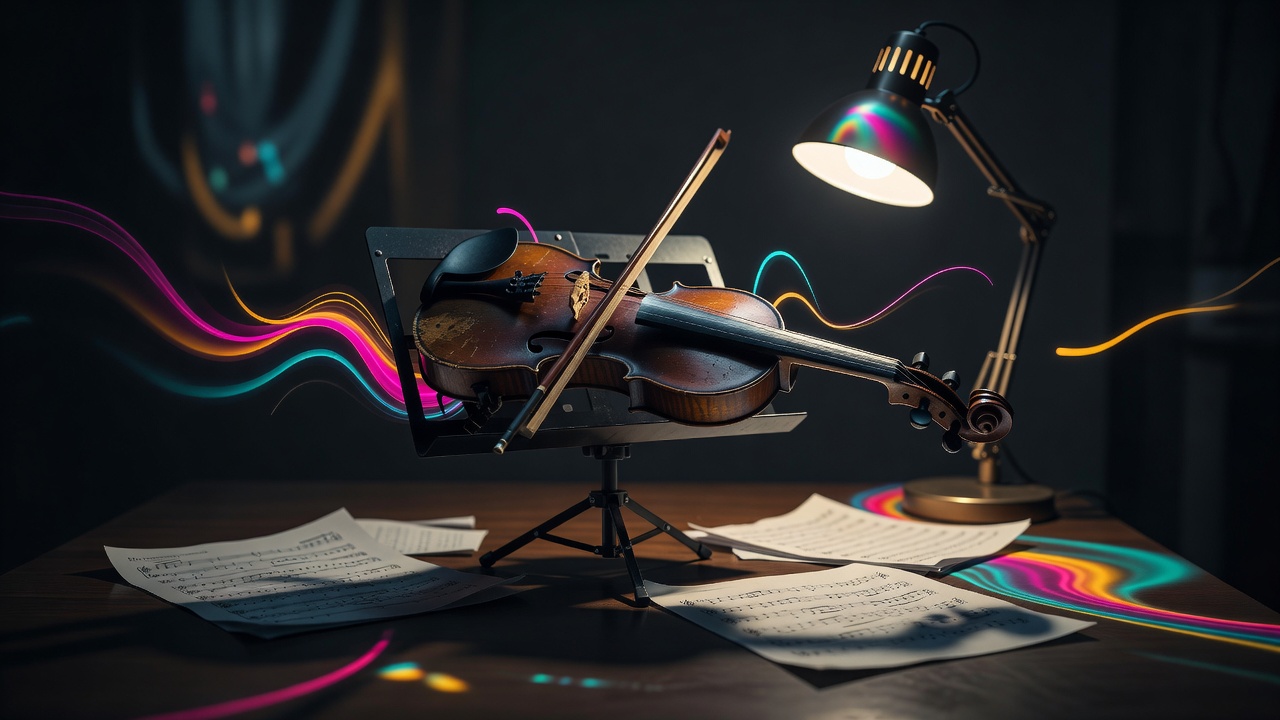 Un violín gastado dejado a media práctica en un atril bajo una sola lámpara en plena noche