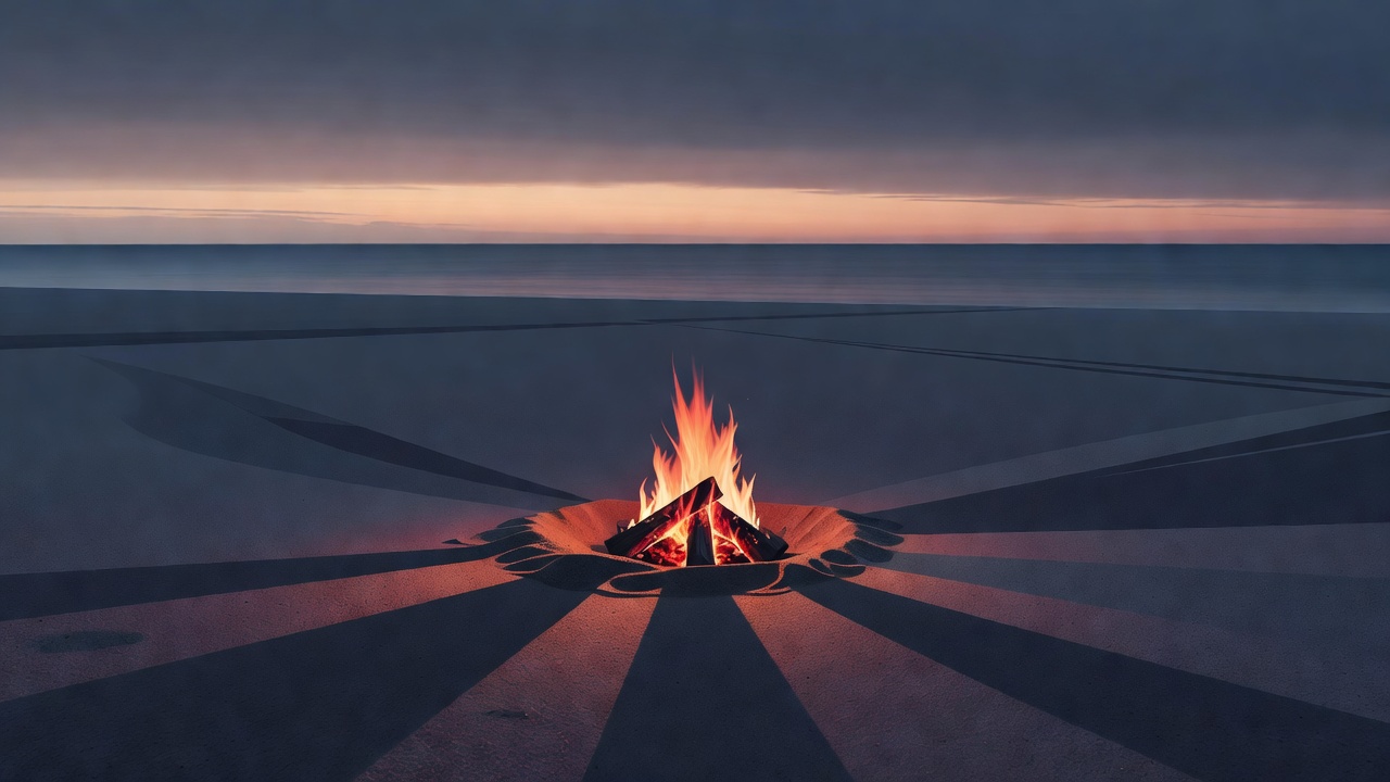 Una pequeña fogata ardiendo en una playa vacía al amanecer