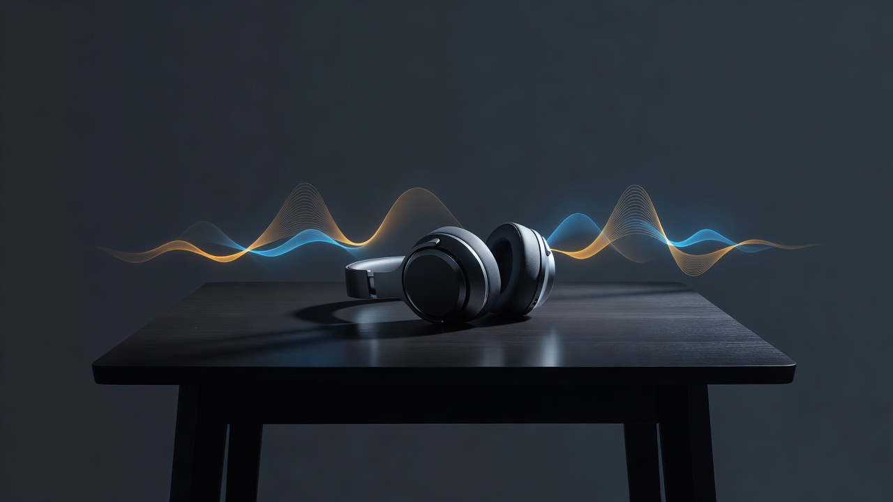Unos auriculares solos sobre una mesa con tenues ondas de sonido cálidas rizándose en el aire a su alrededor