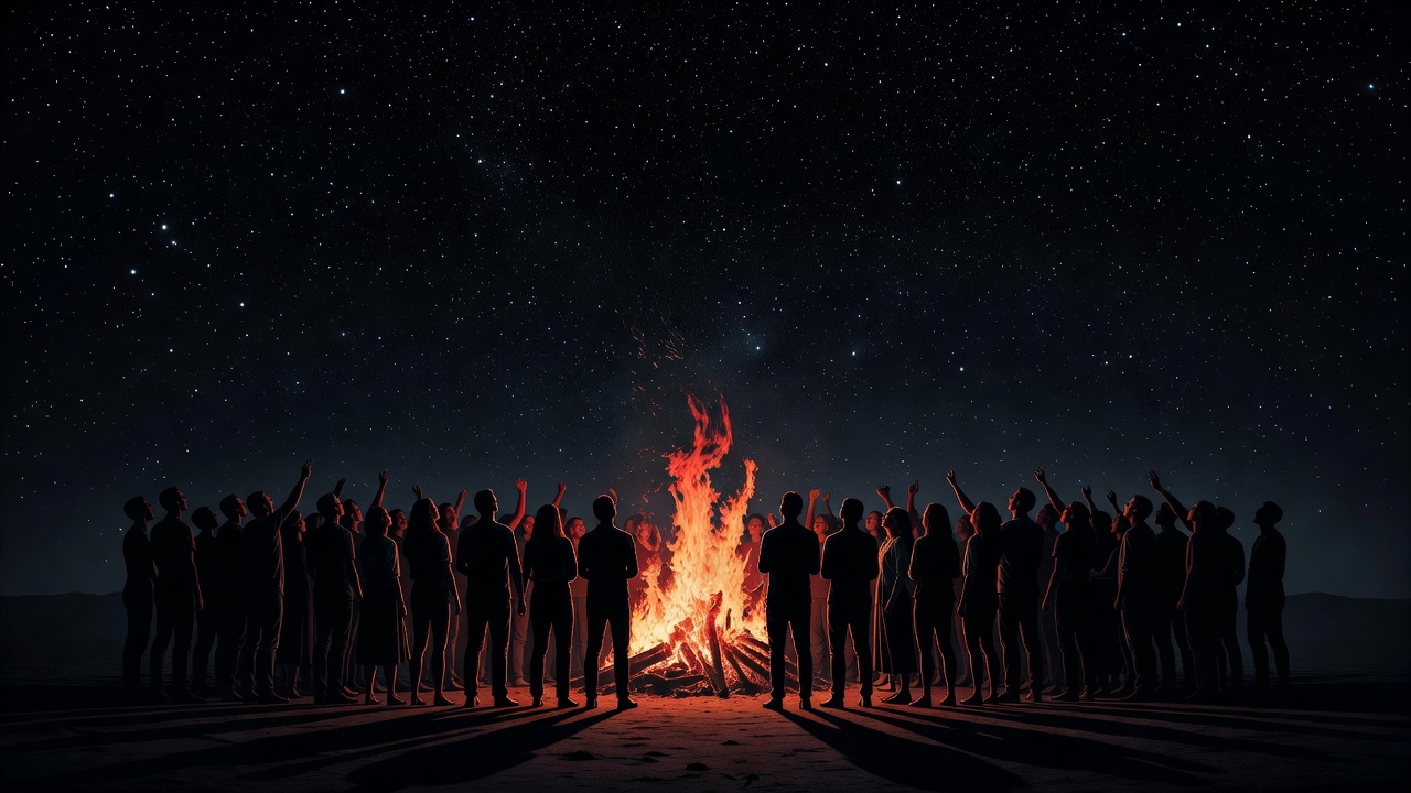 Una multitud de siluetas cantando juntas alrededor de una hoguera bajo las estrellas