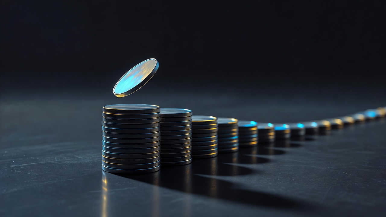 Una sola moneda caída sobre una pila que crece lentamente y se pierde por el borde del encuadre