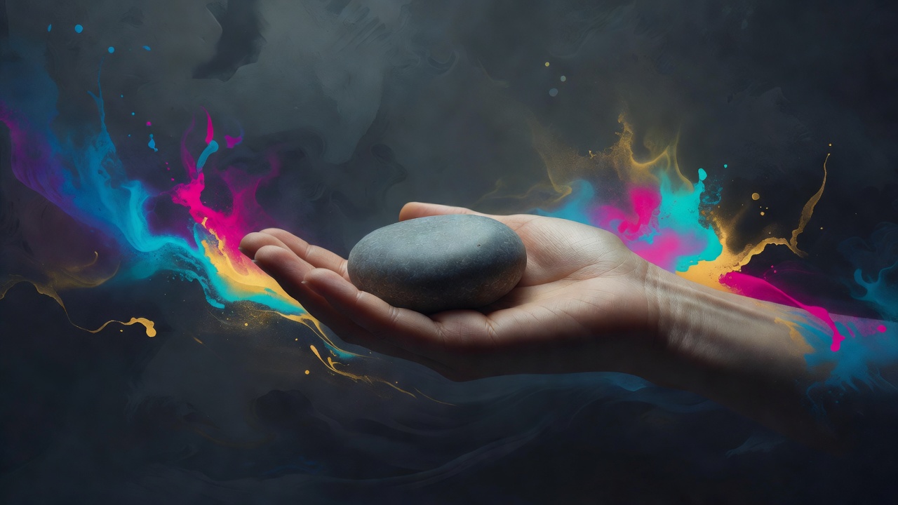 Una única piedra gris y lisa descansando en silencio en la palma de una mano abierta bajo una luz suave