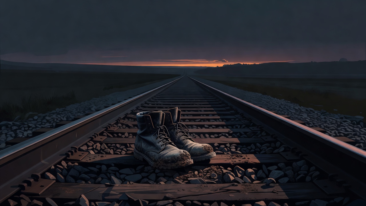 Un par de botas gastadas y vacías junto a una vía de tren al anochecer