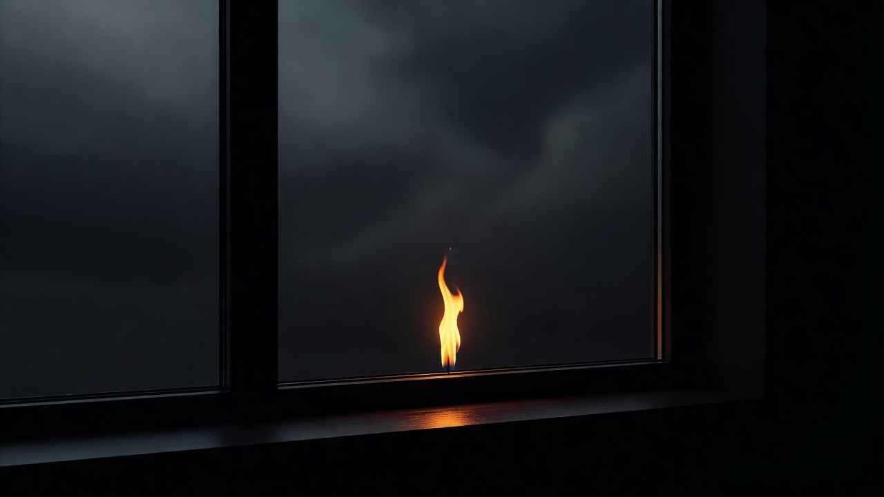 Una sola vela ardiendo firme en una ventana oscura