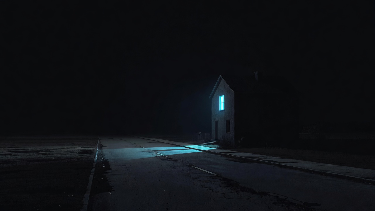 Una única ventana iluminada en una casa de una calle oscura