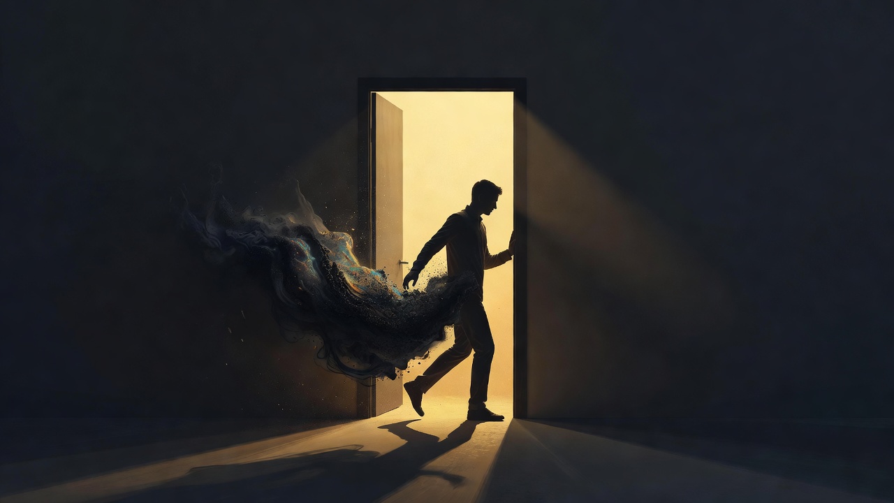 Una persona saliendo de un umbral oscuro hacia una luz cálida