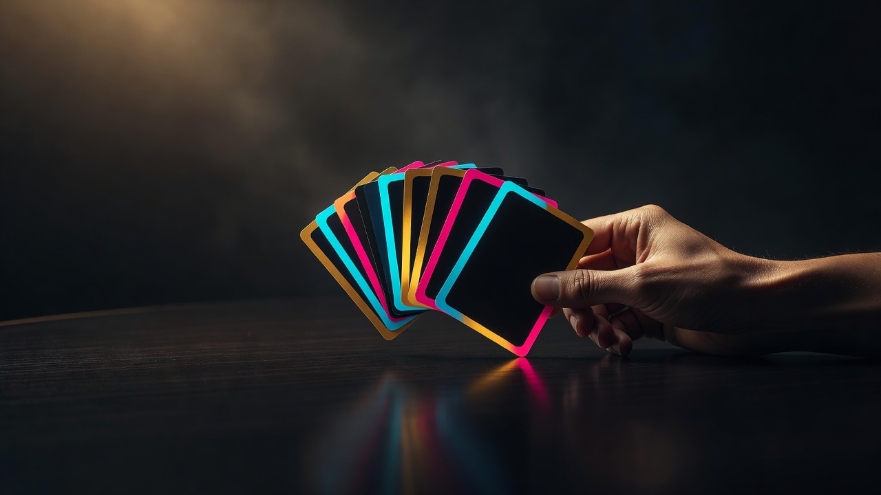 Una mano de cartas sostenida con firmeza, con una carta que se juega deliberadamente sobre la mesa