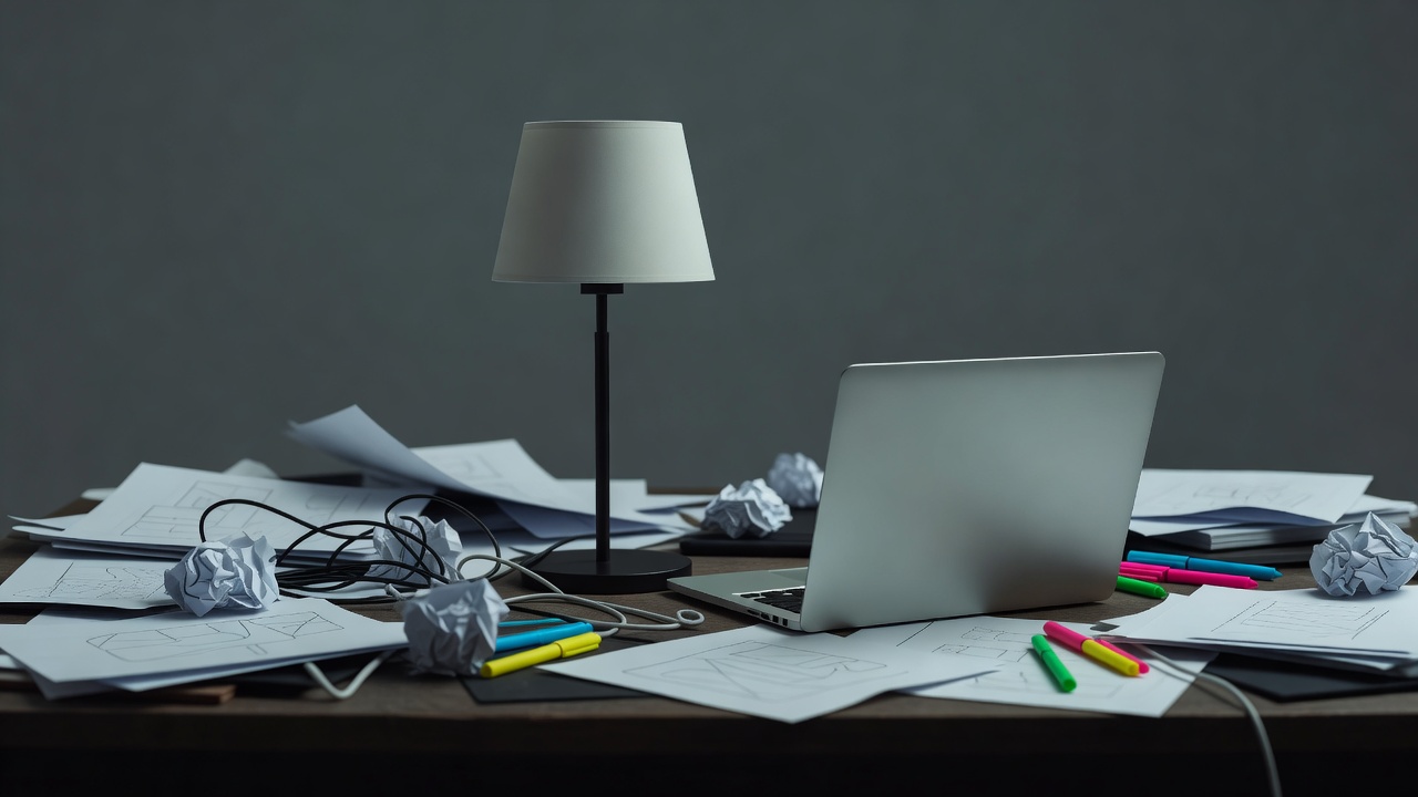 Una única lámpara apagada sobre un escritorio junto a un portátil cerrado bajo una luz gris y plana
