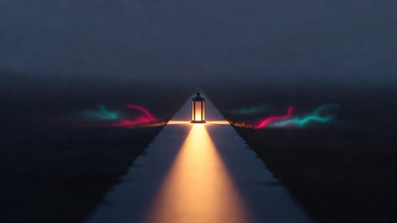 Un único farol encendido que concentra su luz en un solo camino mientras el campo que lo rodea permanece en penumbra