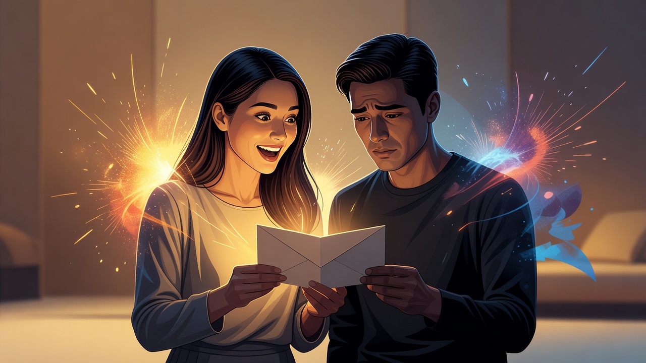 Una pareja mirando una invitación, un rostro iluminándose de entusiasmo, el otro llenándose de pavor