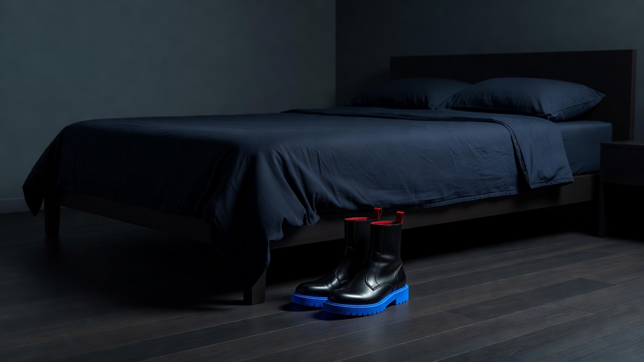 Un solo par de botas preparadas a los pies de la cama la noche anterior, listas