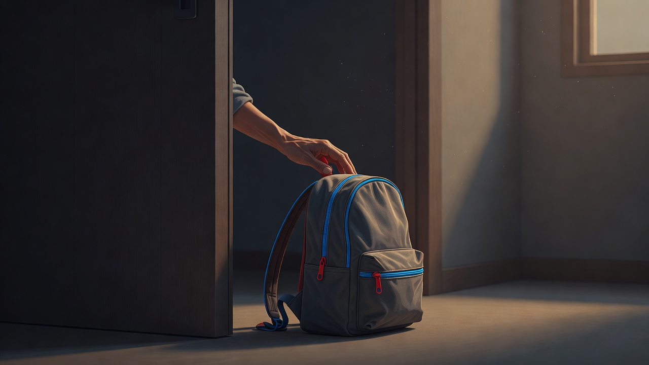 La mano de un padre apoyada con suavidad sobre una mochila de tamaño infantil junto a una puerta, con la cálida luz de la mañana