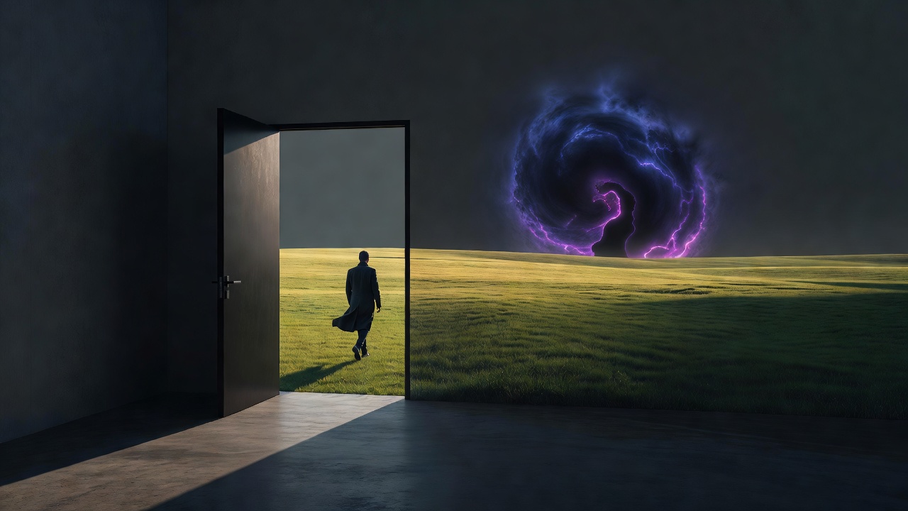 Una puerta que se abre a un campo luminoso y abierto