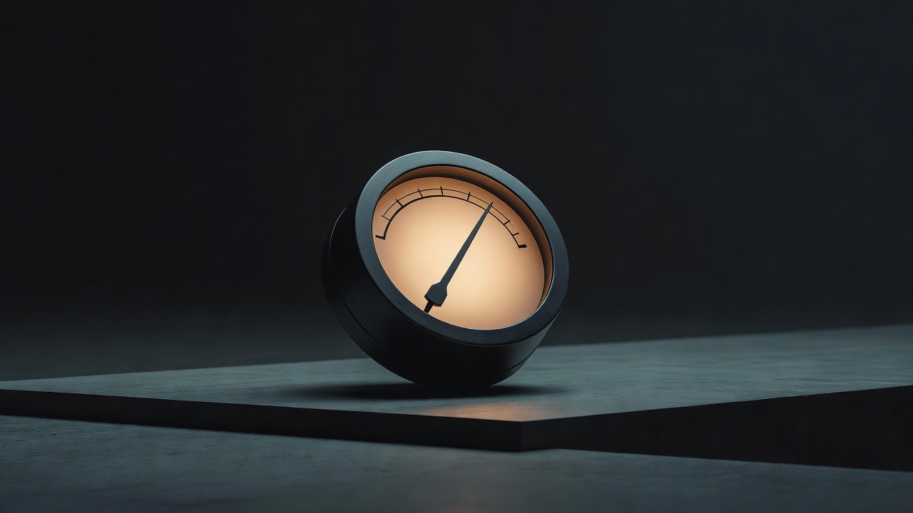 Un único dial de radio sintonizado en una frecuencia inusual que brilla con calidez bajo una luz suave