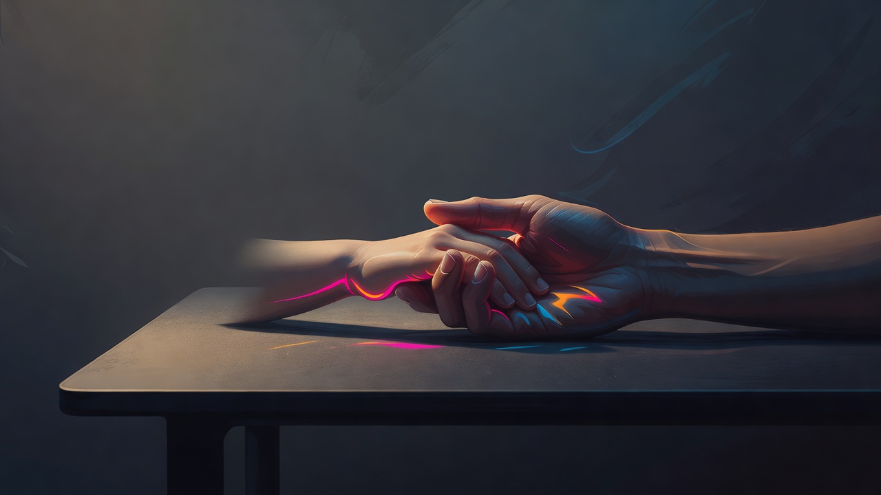 La mano de un padre sosteniendo la de un niño pequeño sobre una mesa