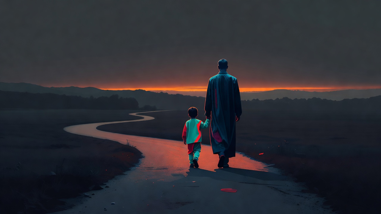 Un padre y un niño caminando juntos por un sendero tranquilo al anochecer