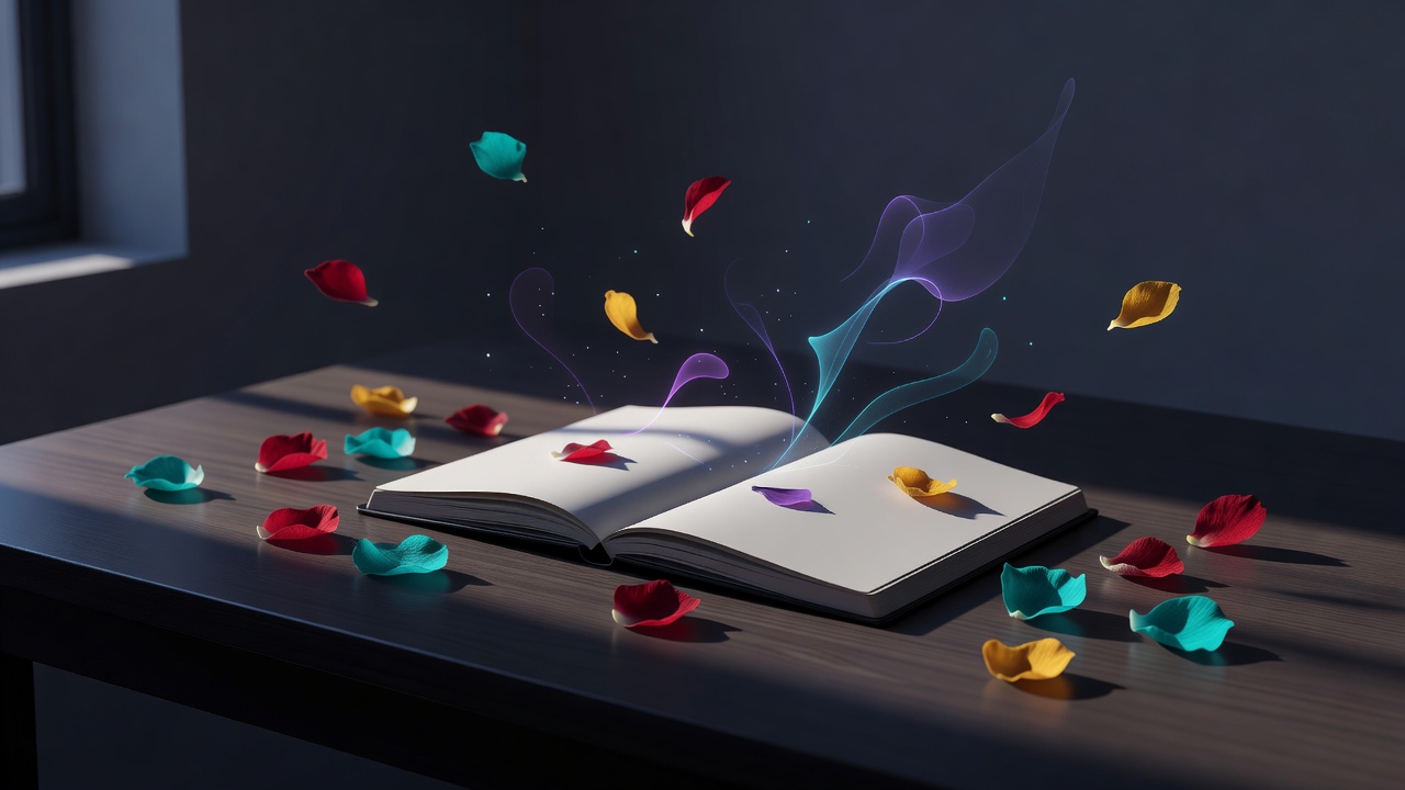 Un cuaderno abierto y pétalos dispersos sobre un escritorio iluminado por el sol