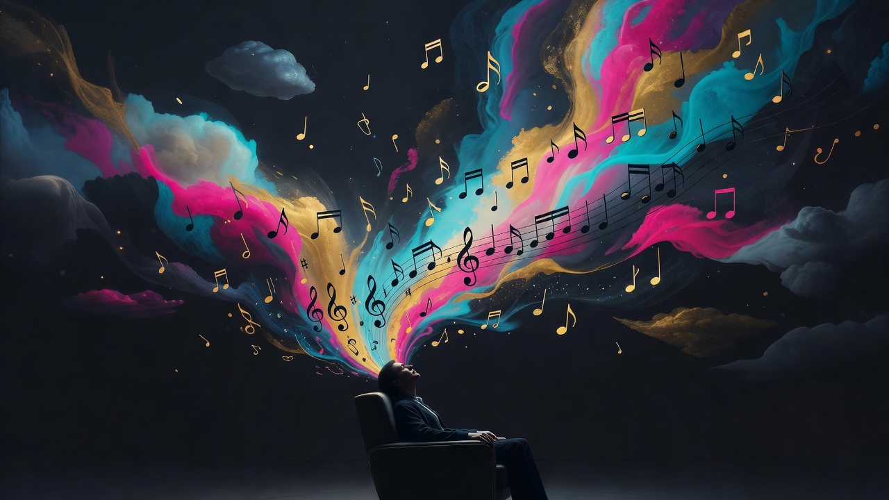 Notas musicales disolviéndose en una escena de ensueño sobre un oyente