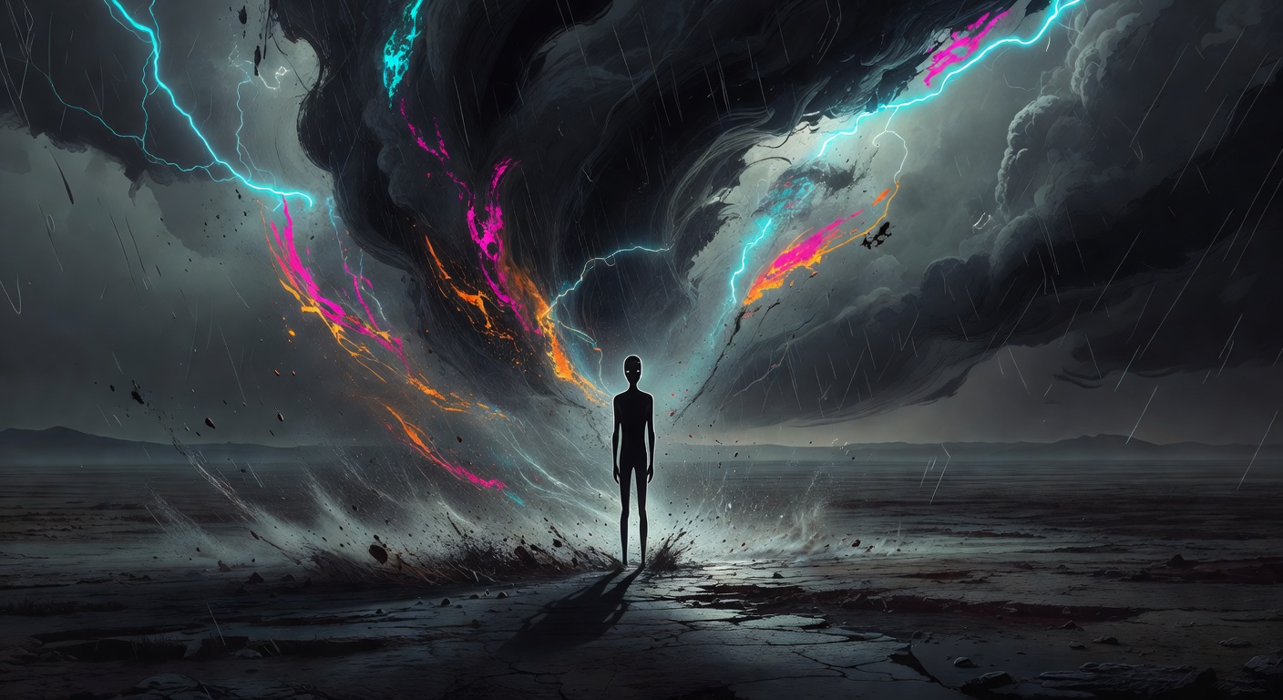 Una figura con cara tranquila, con colores vibrantes arremolinándose detrás de ella que nadie puede ver