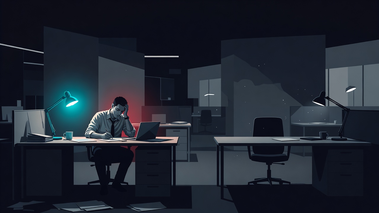Un fundador trabajando solo bajo una única lámpara de madrugada mientras un segundo escritorio a su lado está vacío