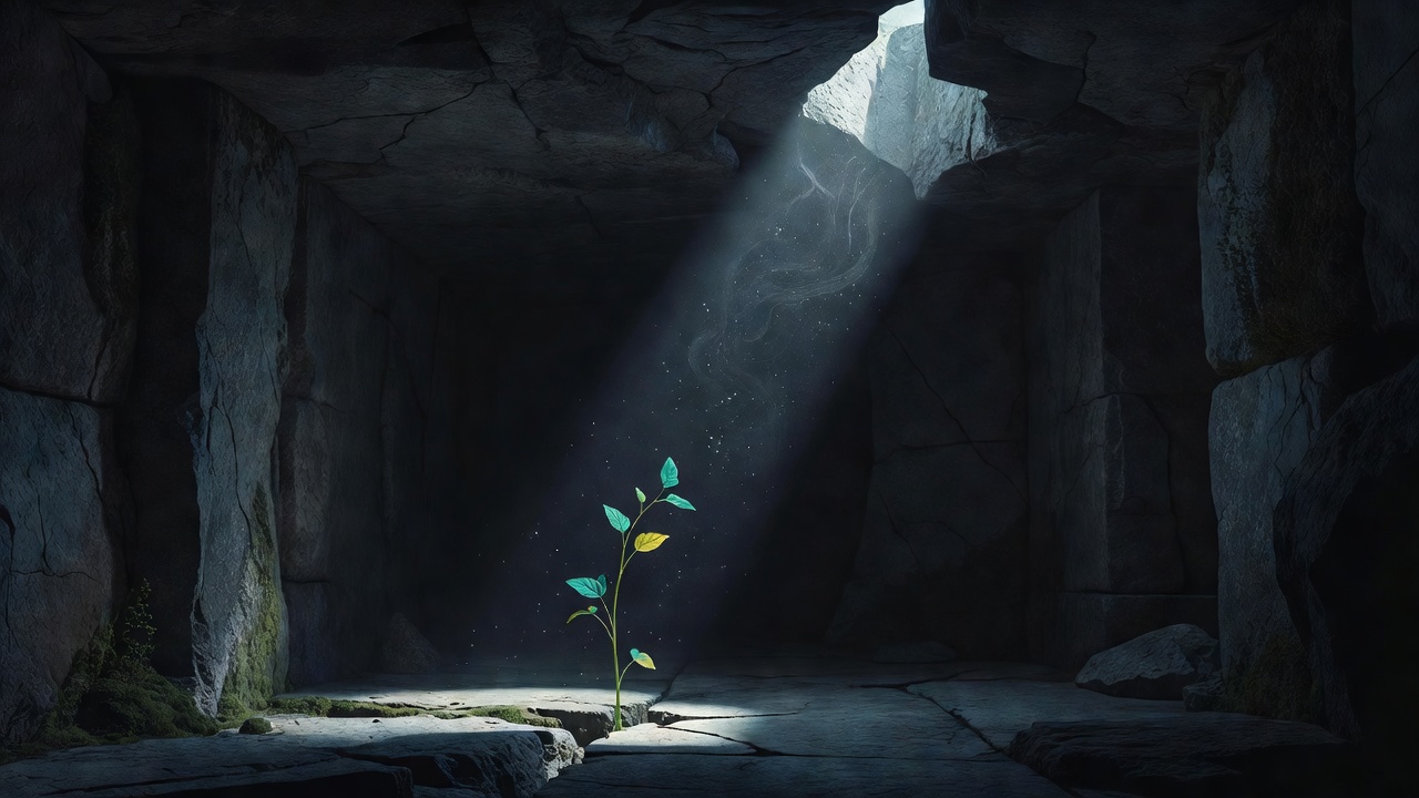 Un estrecho haz de luz cayendo en una habitación de piedra en penumbra donde una pequeña planta crece hacia él