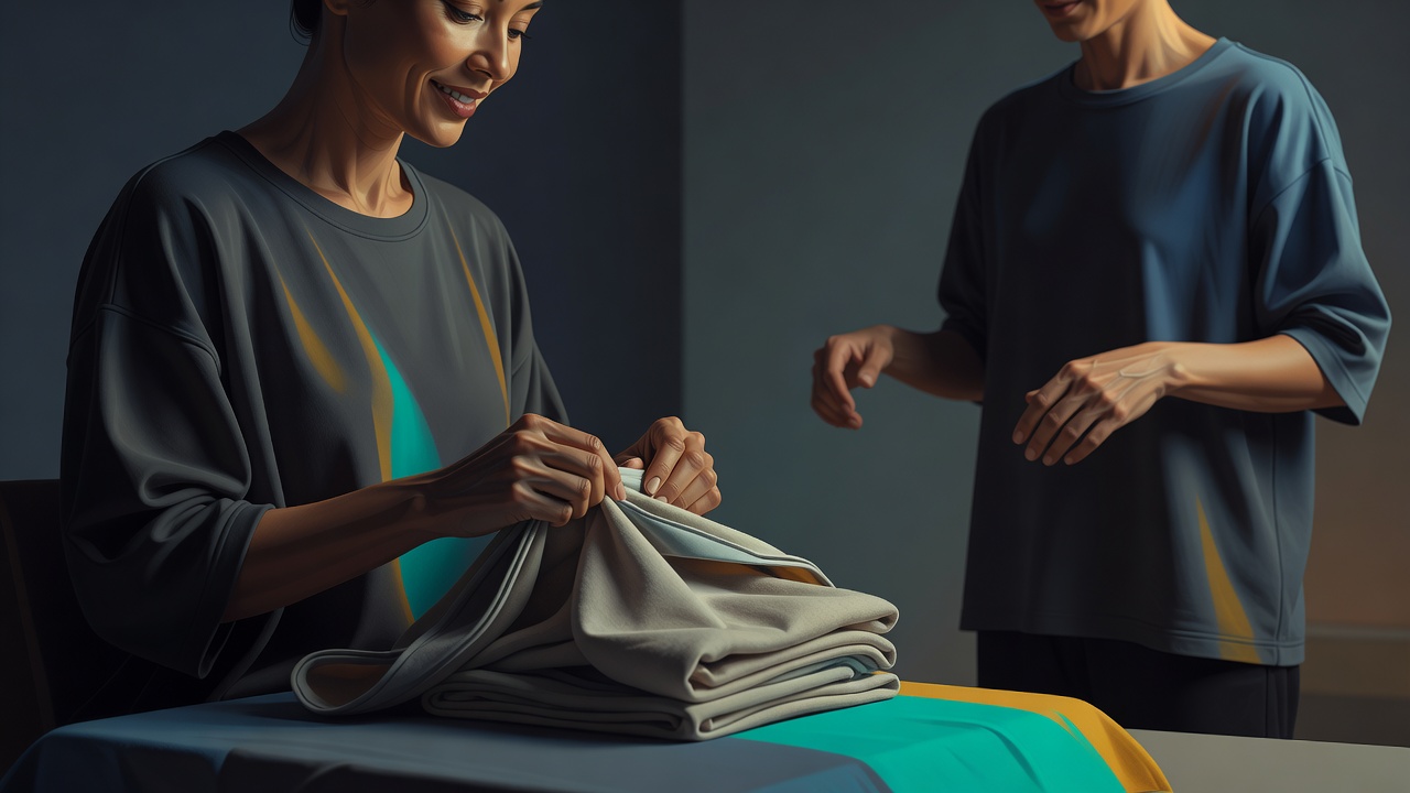 Las manos de una persona deshaciendo con suavidad la ropa recién doblada por otra, con una sonrisa agradable, mientras la otra observa