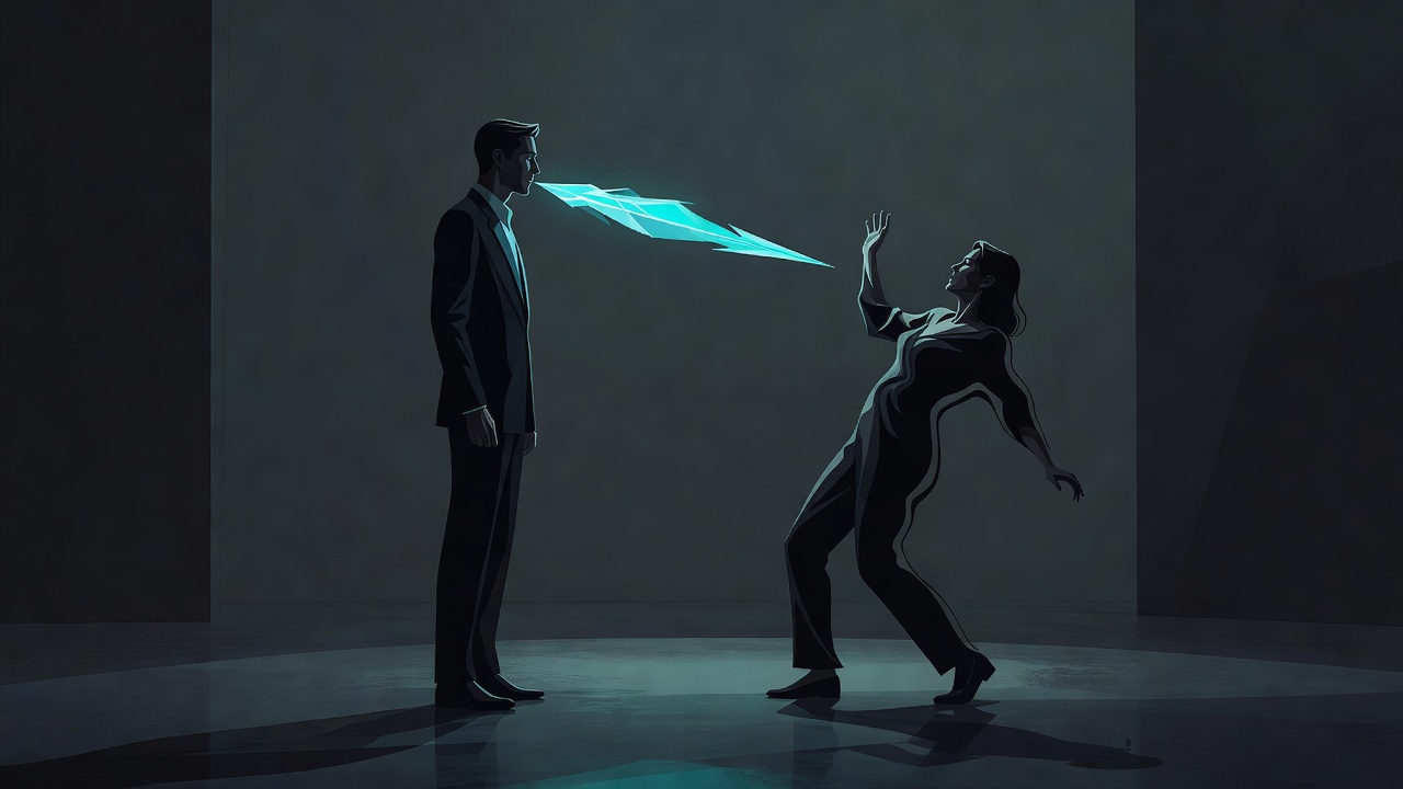 Una pareja hablando sin rodeos, las palabras visualizadas como un objeto afilado, la otra retrocediendo como si la hubieran golpeado