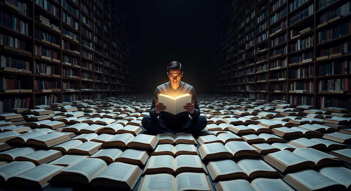 Una figura absorta en una sola página en una biblioteca infinita