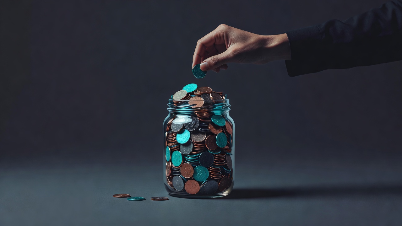 Una persona añadiendo una pequeña moneda a un frasco de monedas que se desborda y está a punto de derramarse