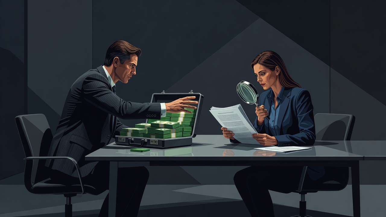 Dos fundadores en una mesa con un maletín de dinero, uno alcanzándolo y el otro leyendo el contrato