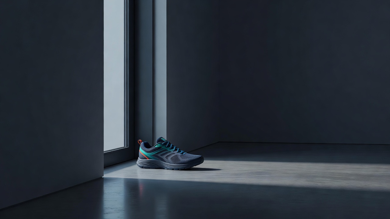 Una única zapatilla de correr colocada junto a la puerta con la luz de la mañana