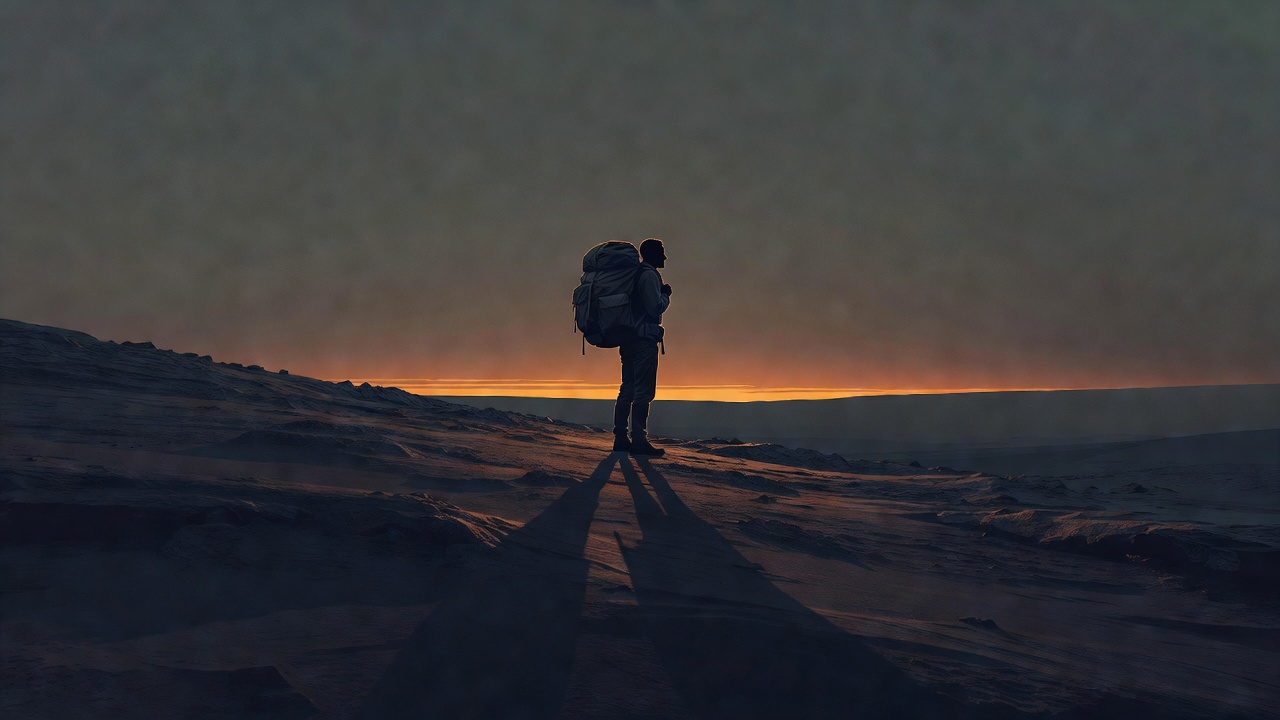 Una figura solitaria cargando una pesada mochila al amanecer sobre una cresta desnuda