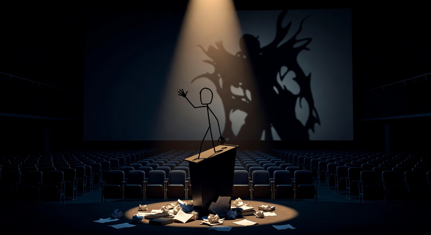 Una figura solitaria en un podio en un vasto auditorio oscuro, proyectando una sombra que difiere de su propia forma
