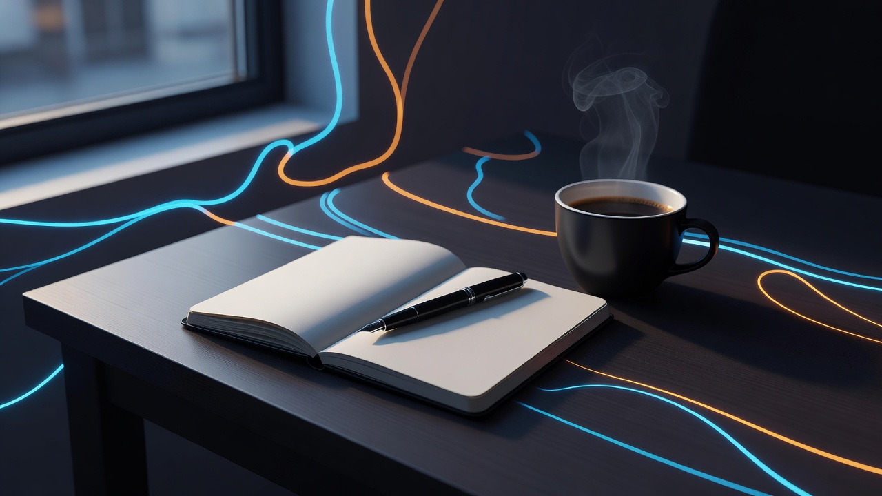 Un cuaderno abierto en blanco con un bolígrafo apoyado encima, junto a una taza de café bajo la luz temprana de la ventana