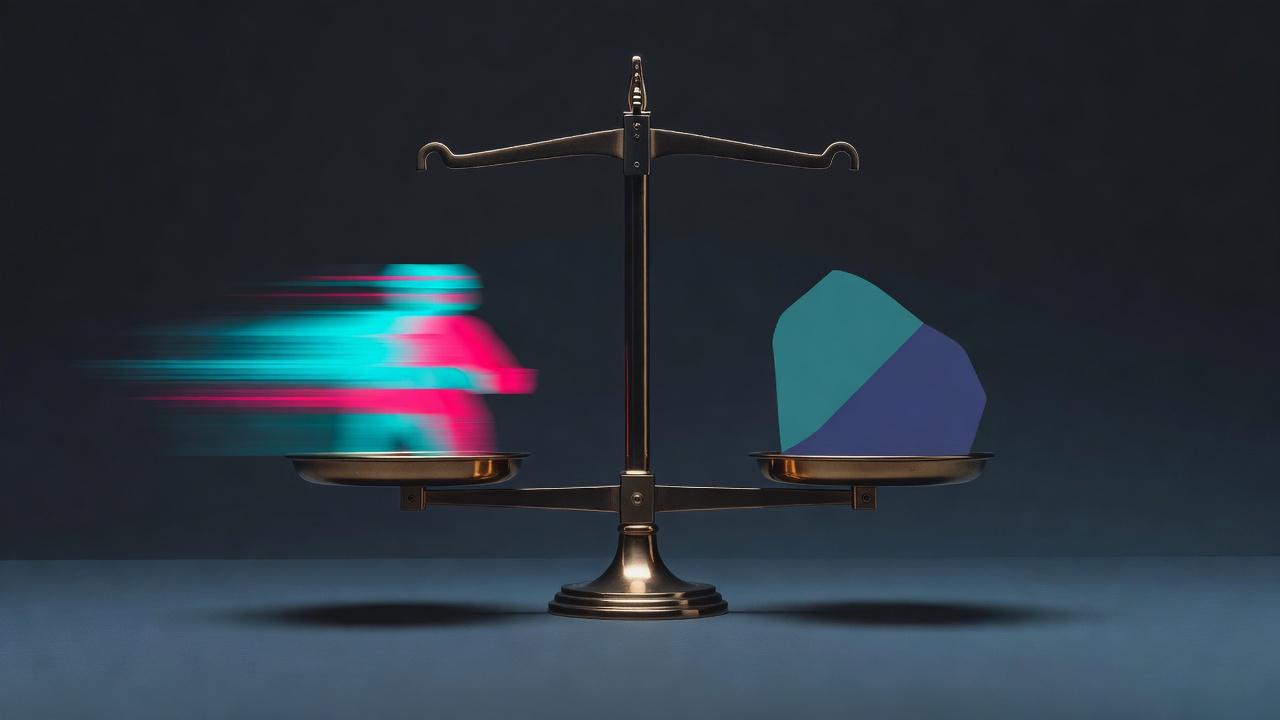Una balanza que equilibra una forma rápida y borrosa frente a una lenta y deliberada, paleta fría y analítica