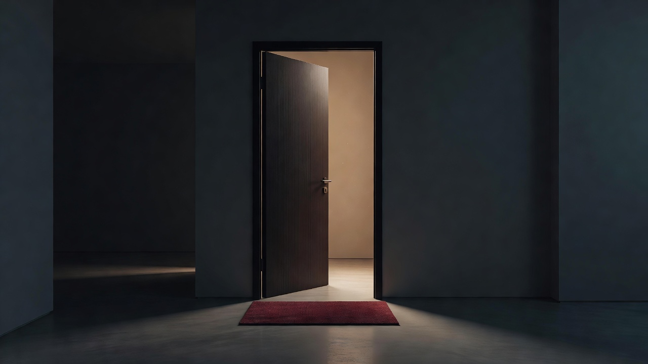 Una única puerta de entrada abierta con un felpudo, vista desde dentro, con luz cálida