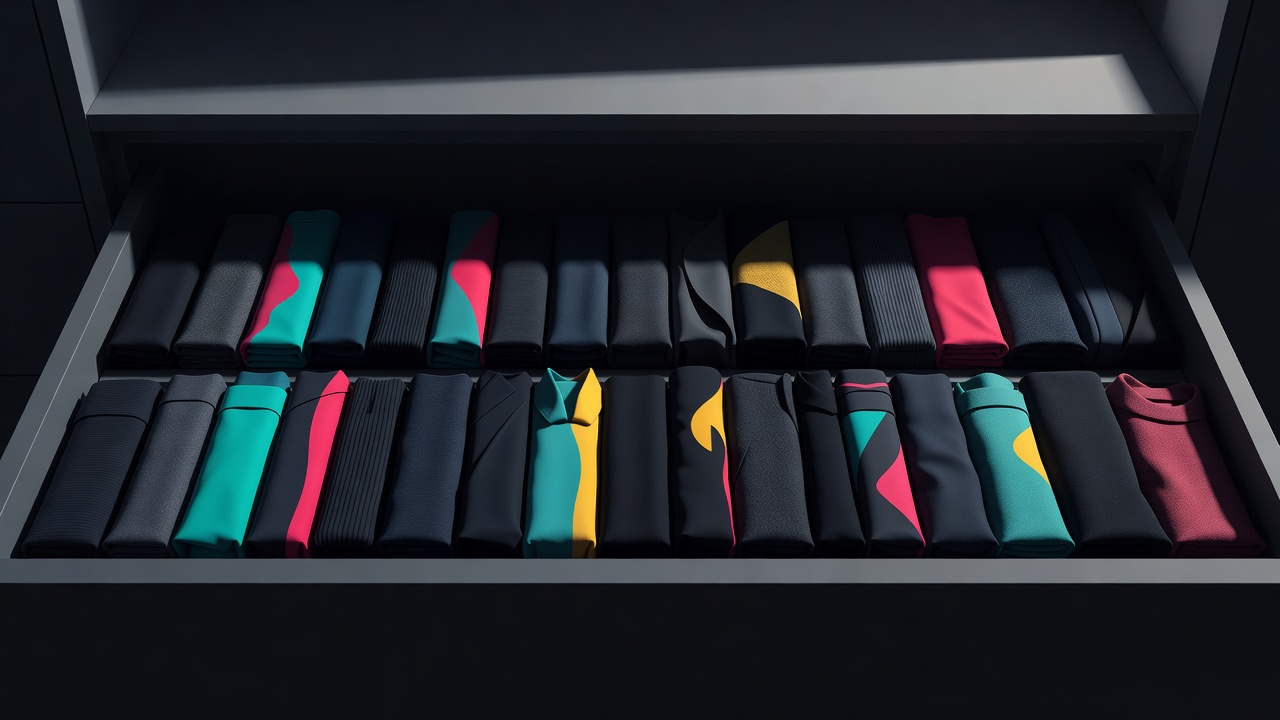 Un cajón perfectamente organizado con ropa doblada en vertical bajo una luz suave