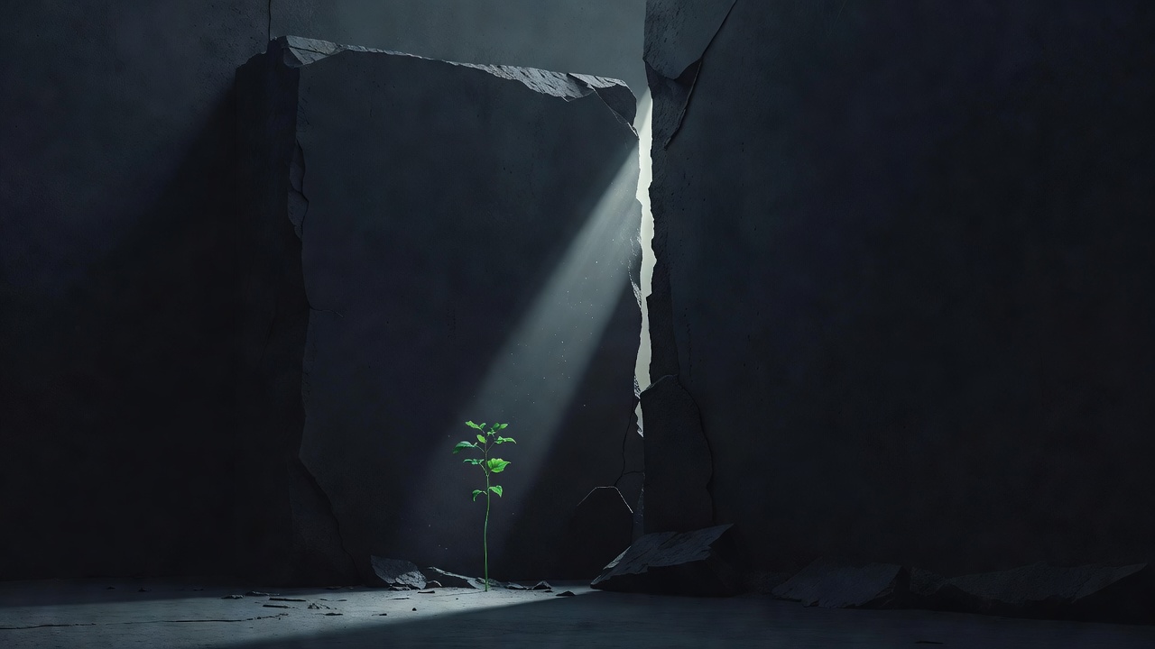 Una pequeña planta creciendo hacia un haz de luz que entra por una grieta en un muro oscuro