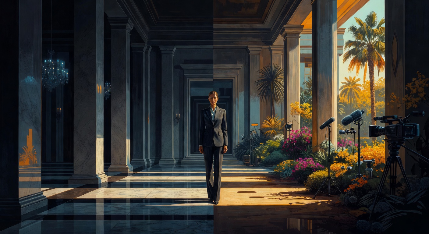 Una mujer segura de sí misma entre un gran palacio formal y un jardín californiano bañado por el sol, con cámaras al fondo