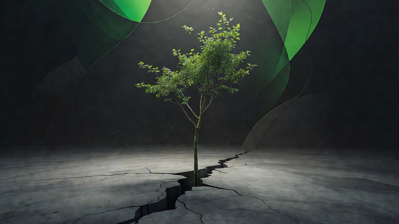 Un joven árbol verde que crece a través de una grieta en el hormigón gris desnudo hacia una luz tenue