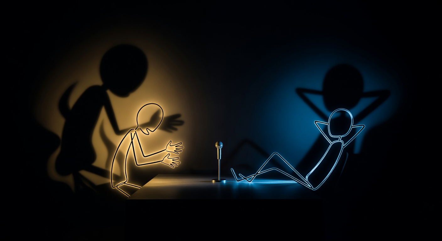 Dos figuras en un estudio de luz dividida, una inclinándose hacia adelante con calidez, la otra recostada casualmente
