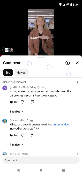 Comentarios de YouTube en un vídeo sobre dar acceso al ordenador personal para un estudio de psicología. Comentario destacado: 'Dar acceso a tu ordenador personal en lugar de al de la oficina necesita un estudio de psicología.' con 118 me gusta.