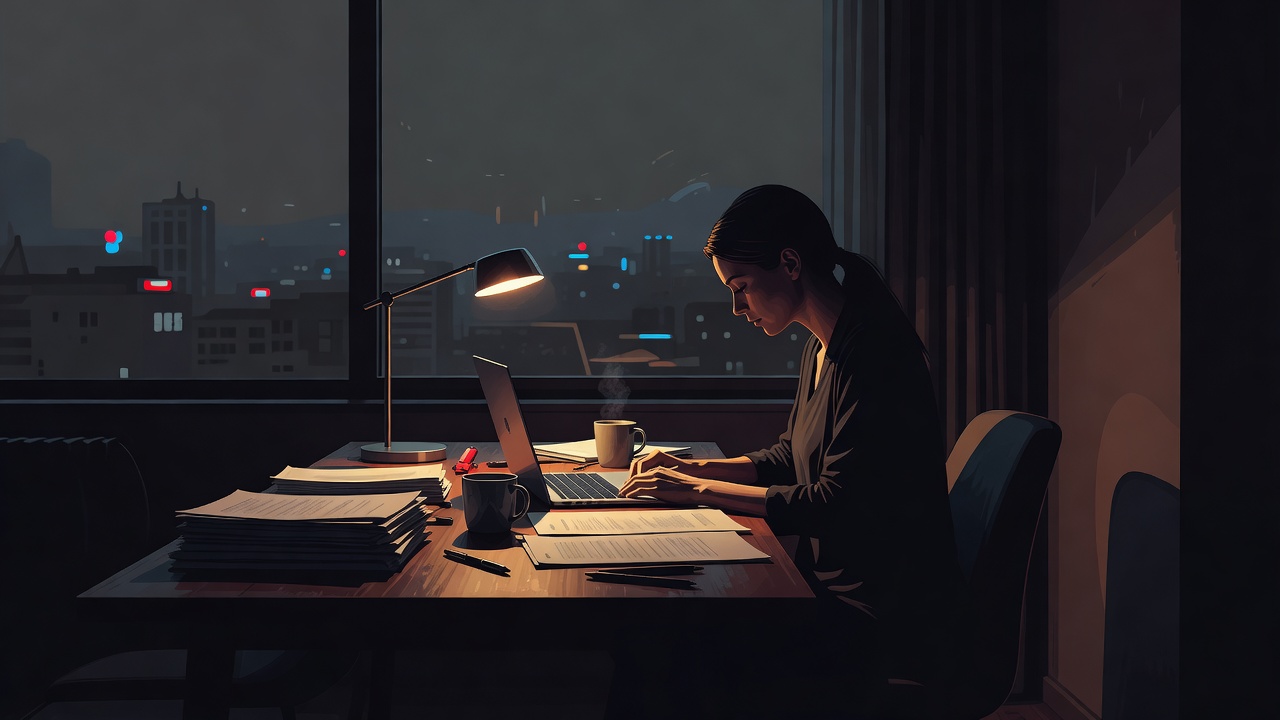 Una persona trabajando sola en un escritorio a altas horas de la noche, una lámpara iluminando una determinación silenciosa
