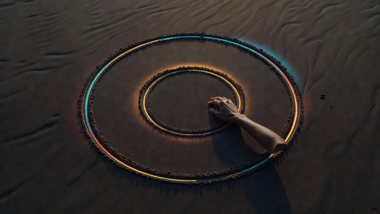 Dos círculos concéntricos dibujados en la arena con una mano cuidando el círculo interior más pequeño