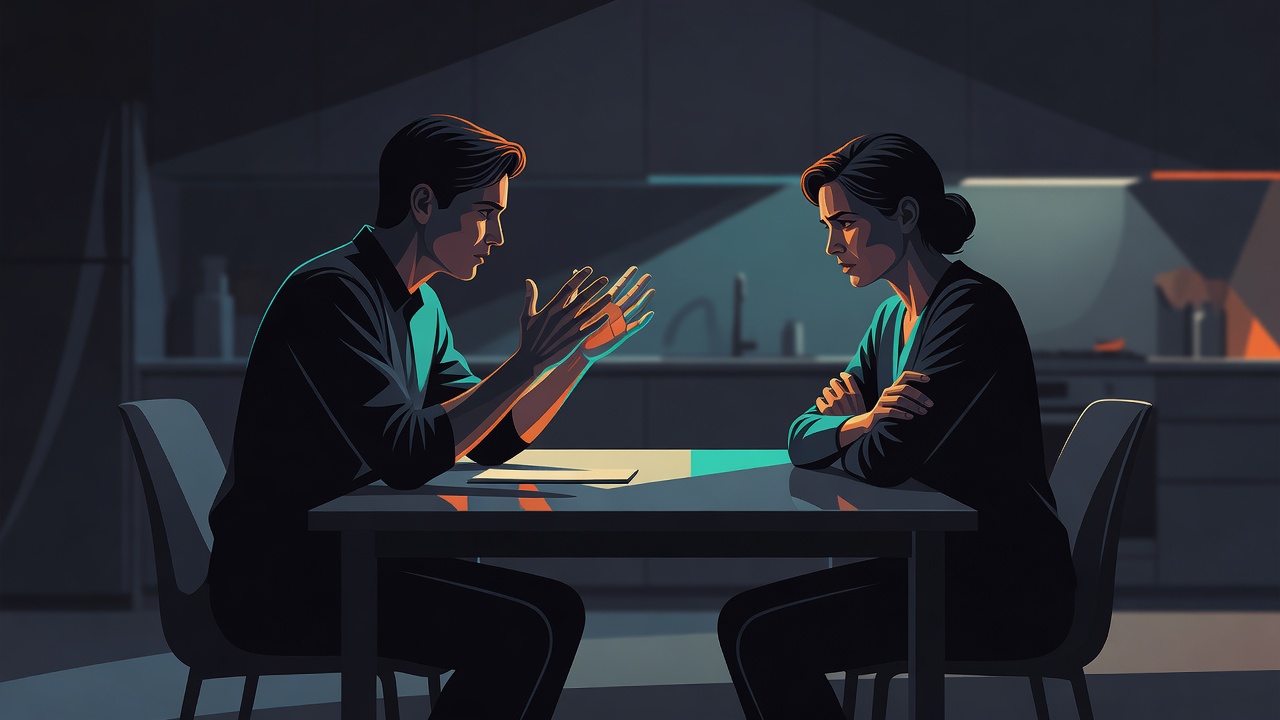 Dos parejas en la mesa de la cocina, una levanta las manos en un gesto de disculpa apresurado y apaciguador, la otra sigue visiblemente herida en vez de calmada
