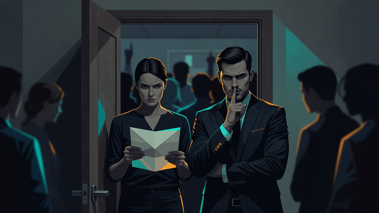 Dos fundadores ante la puerta de una sala de empleados, uno sosteniendo una carta abierta y otro con un dedo sobre los labios