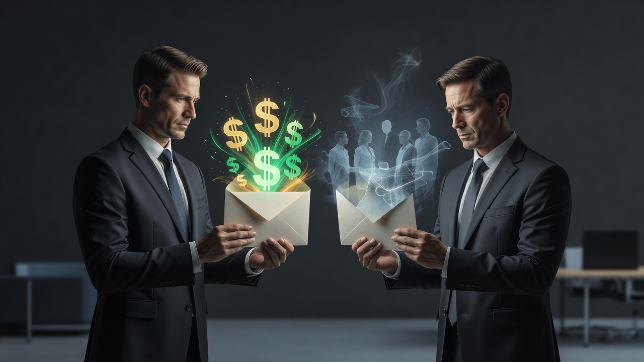 Dos fundadores sosteniendo un sobre, uno viendo signos de dólar y el otro una imagen que se desvanece del equipo