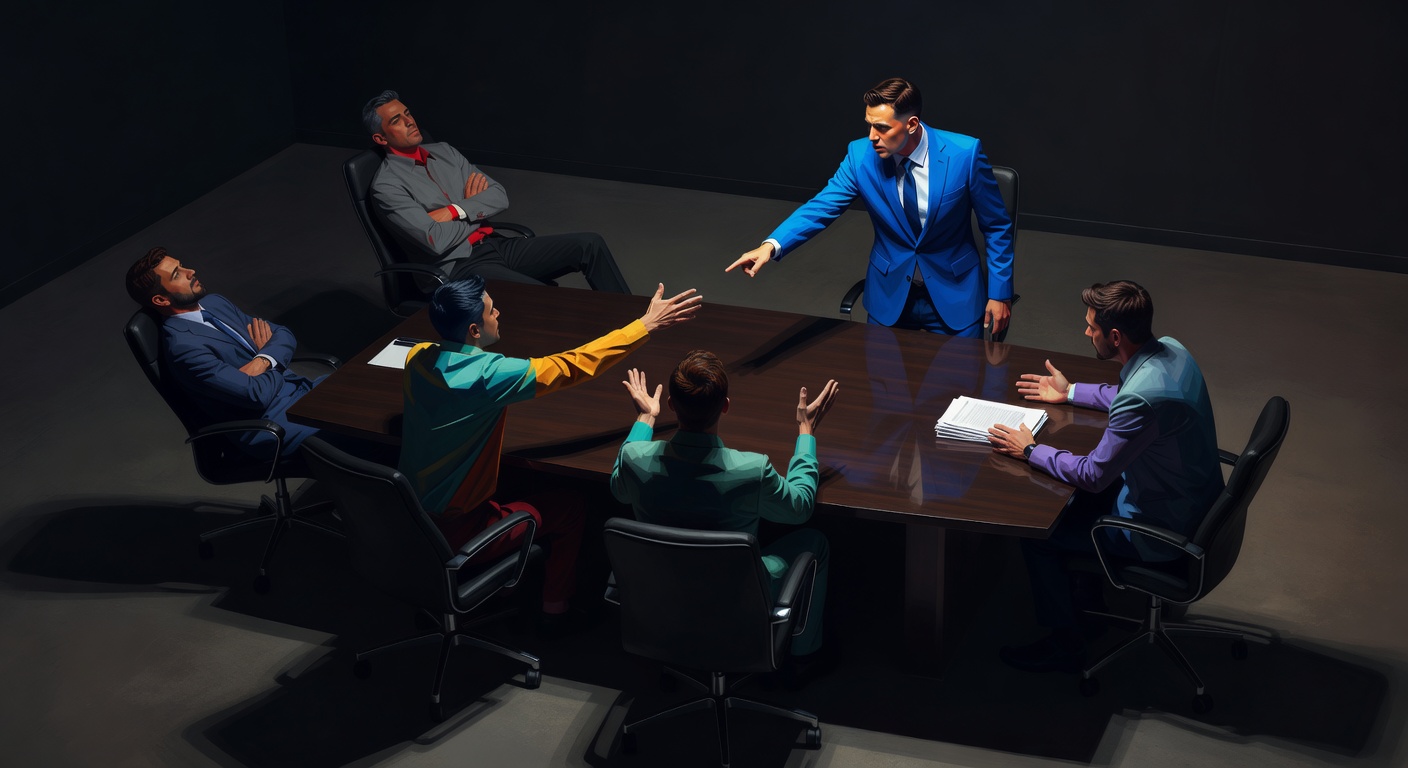 Cinco figuras en una sala de reuniones respondiendo al conflicto de maneras distintas