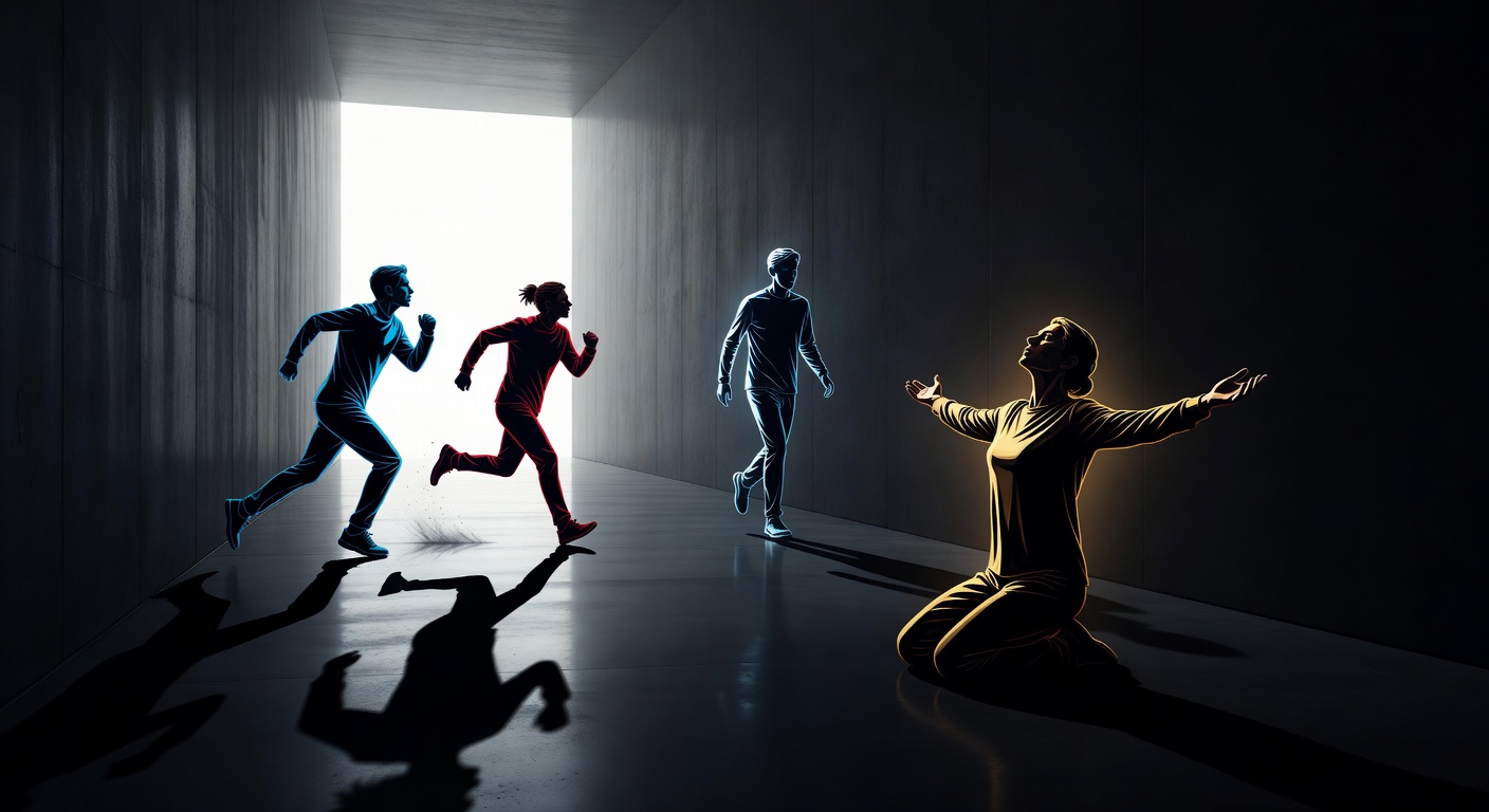 Cuatro figuras reaccionando al mismo momento: una apretando los puños, una girándose para correr, una congelada en su lugar, una extendiendo las manos con las palmas abiertas