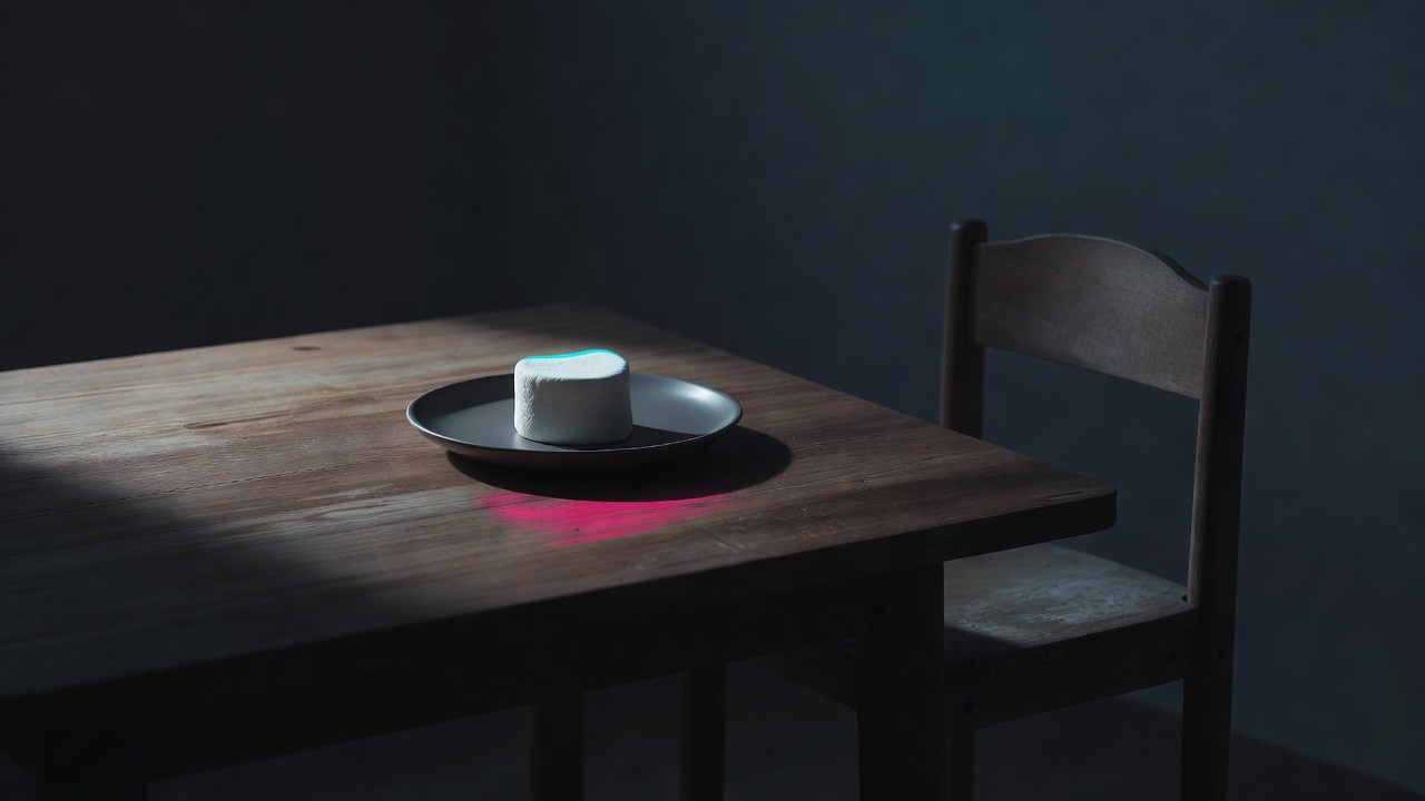 Un solo malvavisco en un plato sobre una mesa sencilla bajo la luz suave de una ventana, con una silla infantil vacía cerca